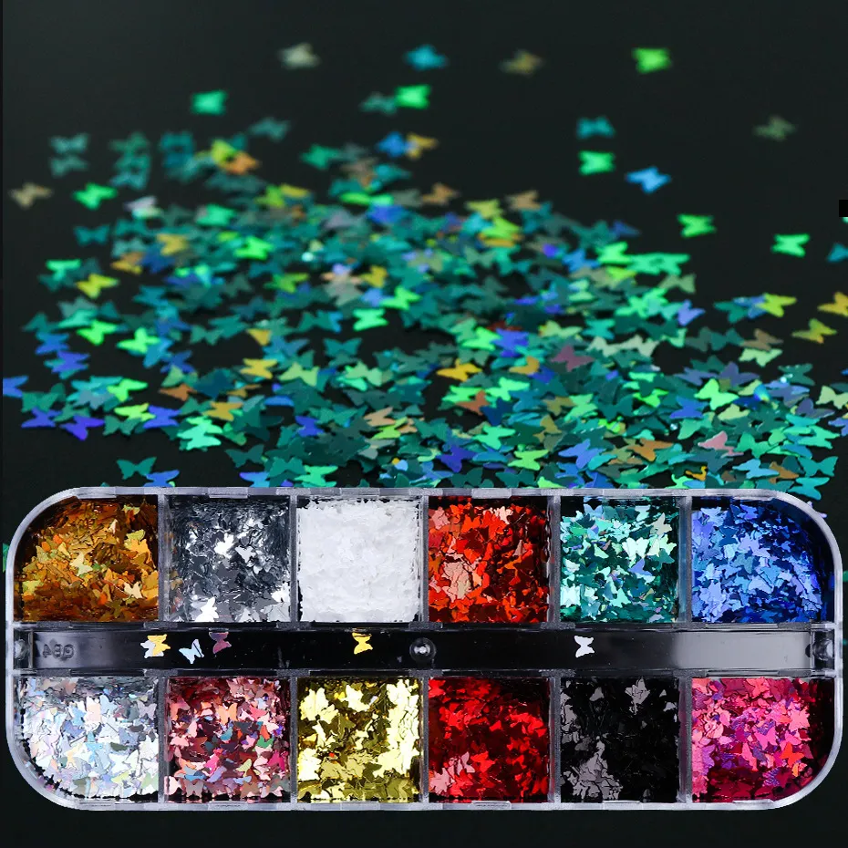 Paillettes a farfalla ultrasottili transfrontaliere 12 colori per nail art paillettes laser lacrima talpa trucco per occhi farfalla gioielli toppa a forma di chiodo