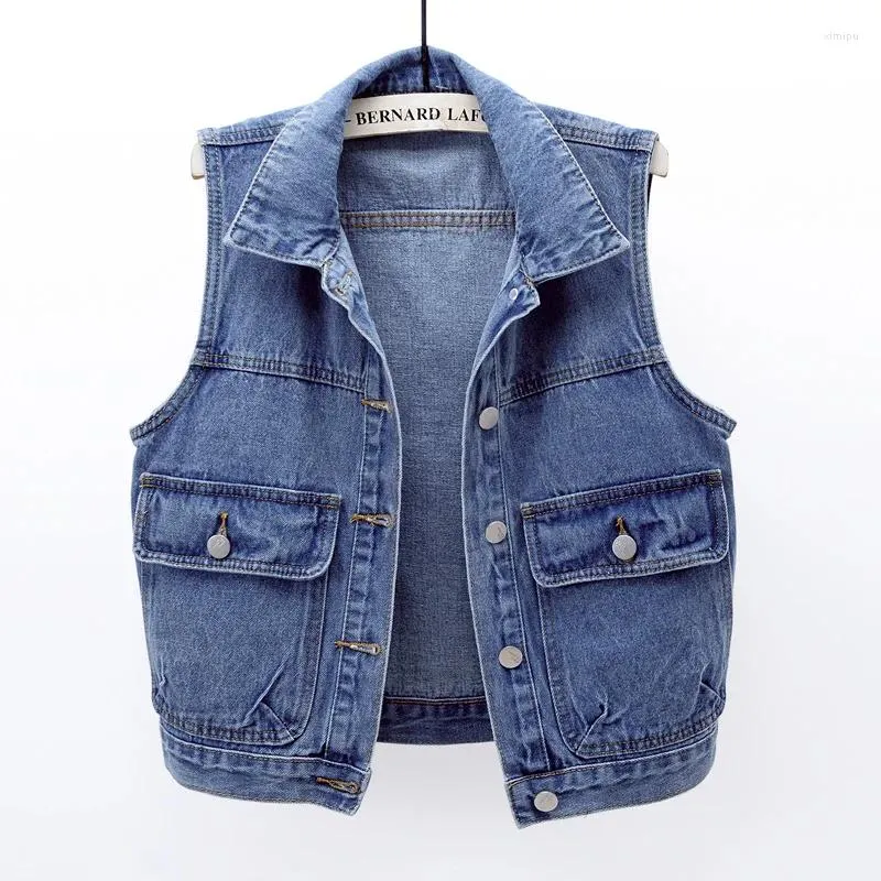 Damenwesten Große Tasche Revers Denim Weste Frauen dünne kurze Weste Casual Cowboy ärmellose Jacke Mantel Vintage blau rosa Jeans weiblich