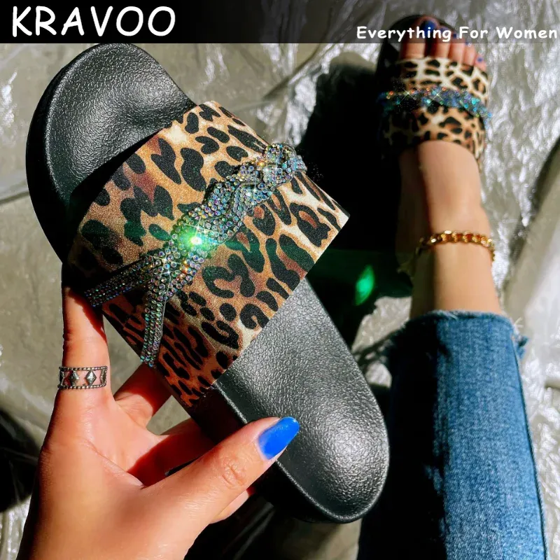 Slippers Kravoo Shoes for Women Flat Big Size Sandals décontractés mode léopard imprimé dames pantoufles à l'extérieur chaussures femelles nouvelles chaussures été