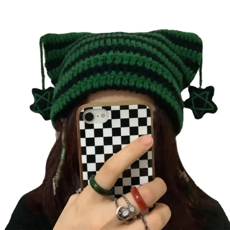 Knitted Wool Cat Ear Beanie with Dangle Star, Windproof 