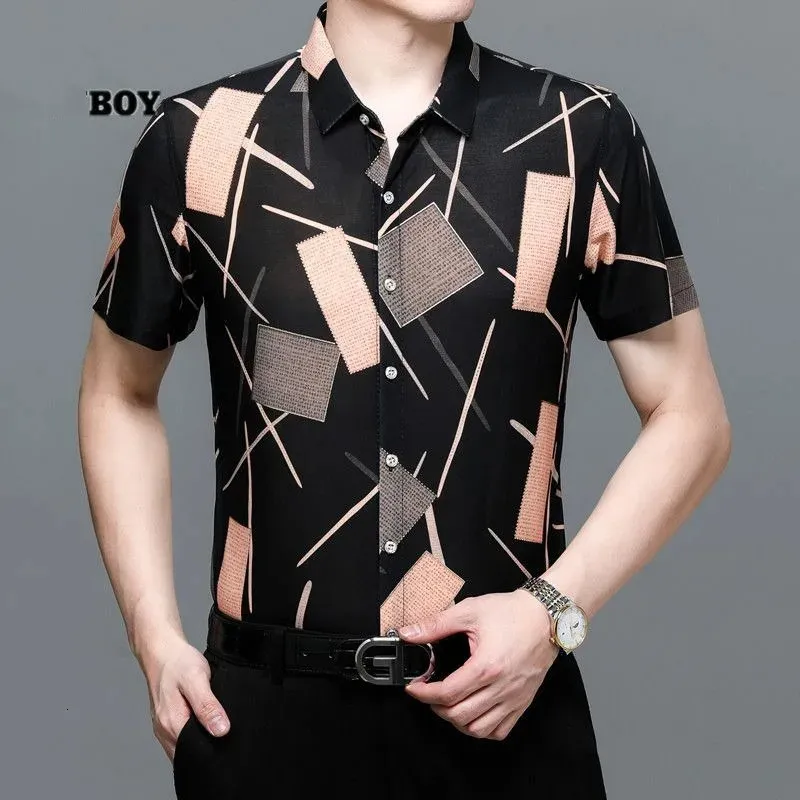 Short Sleeve Clothing Plaid Vintage in Shirts for Men Summer Loose Ice Silk Graphic Printed Polo Collar Casual Fashion Tops 240318