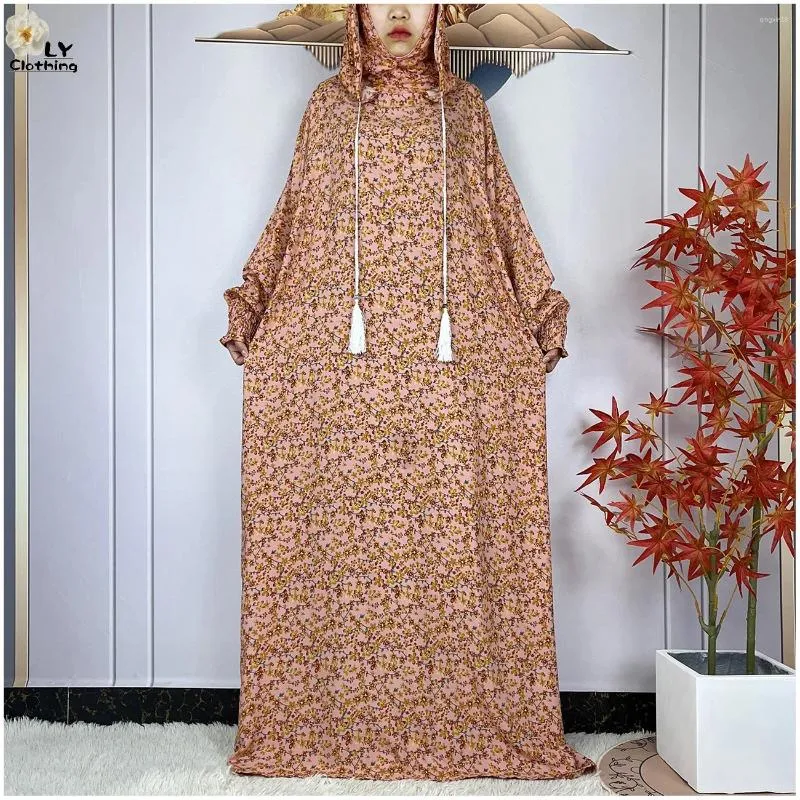 Abbigliamento etnico est Donne maniche lunghe hijab musulmane eid con cappuccio due cappelli abiti sciolti di cotone Dubai maxi maxi arabo africano Abaya