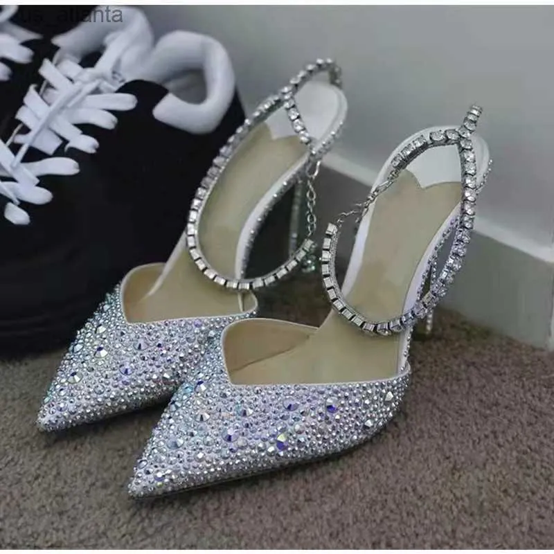 Dress Shoes Luxury Rhinestones Sequined Ankle Strap Women Pumps Elegant Stiletto High heels Spring Summer Fashion Crystal Wedding Prom H24040397NV