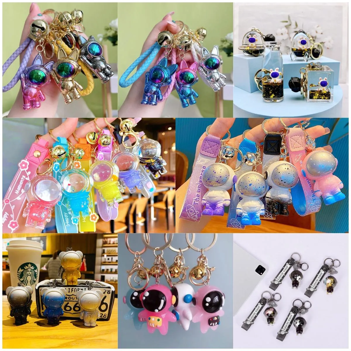 Cartoon astronaut keychains with colorful space pendants, cotton and ...