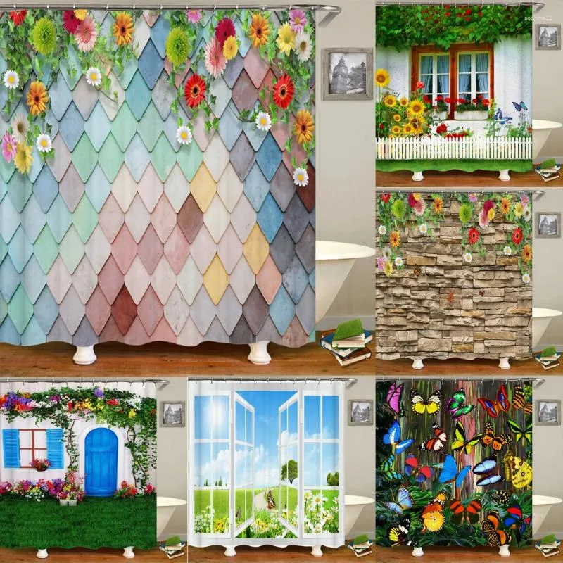 Rideaux de douche fleurs papillon salle de bain imperméable rideau polyester 3d Street Window Flower Landscape Print Home Decoration