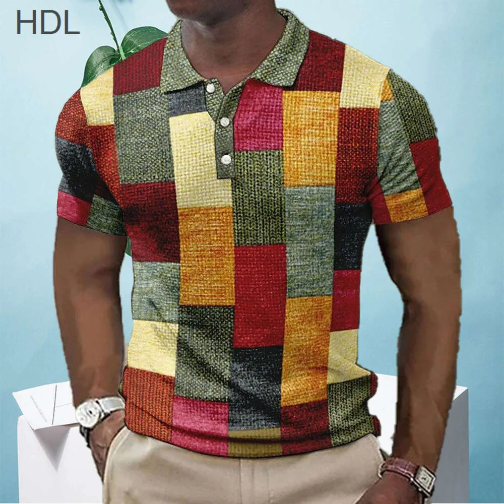 Mens Fashion Trend Polo Shirt Digital Print Checkered Block Color Short Sleeve Polo Collar Set