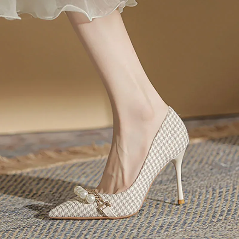 Pumps New Women Pumps Super High Heels Dress Shoes Jacquard Fabric Plaid Boat Shoes String Bead Pointed Toe Thin Heels Stilettos 1006N