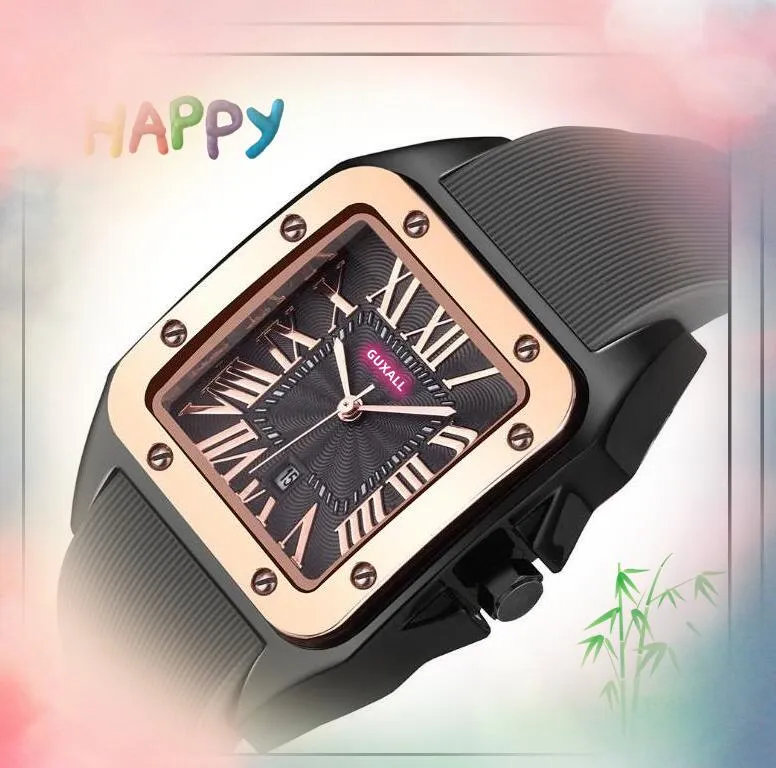 Venta directa de fábrica Fecha automática Hombres Mujeres Relojes Moda de lujo Correa de goma Movimiento de cuarzo Reloj Cuadrado Tanque romano Dial Reloj de pulsera Regalos