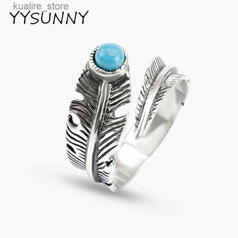 Cluster Rings Yysunny Feather Ring 925 Sterling Silver High Jewelry Mens Classic Turquoise Thai Womens Fashion Hip Hop Style Jewelry L240402