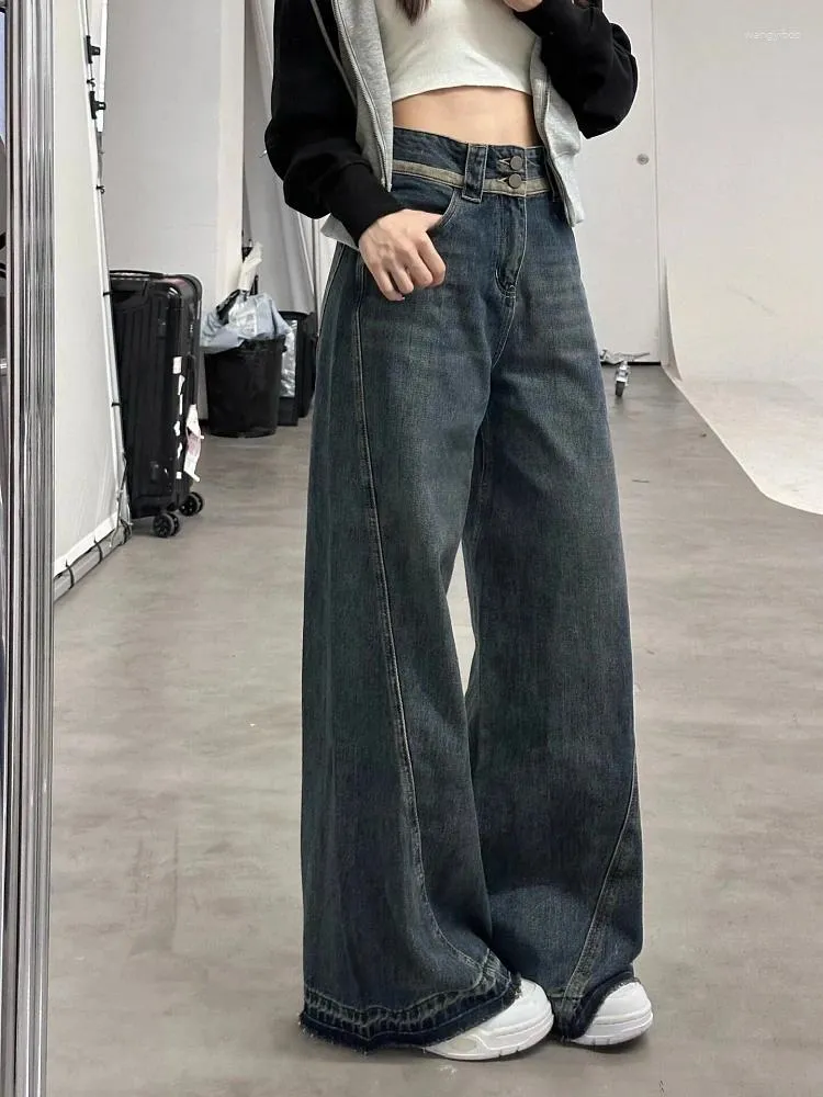 Calças de brim femininas mulher lavagem até o chão denim tie-tingido calças de perna larga calças de cintura baixa moletom carga clássico bell bottoms