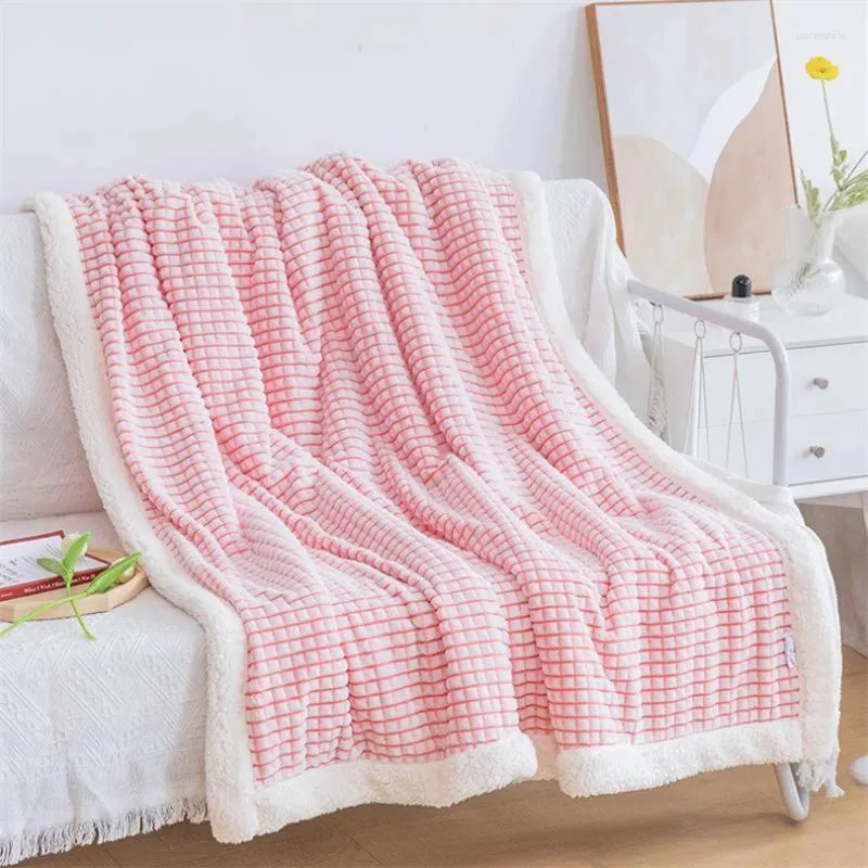 Blankets Simple Modern Double-layer Lambskin Blanket Ins Korean-style Plaid Thickened Warm Sofa Nap Skin-friendly Soft Shawl