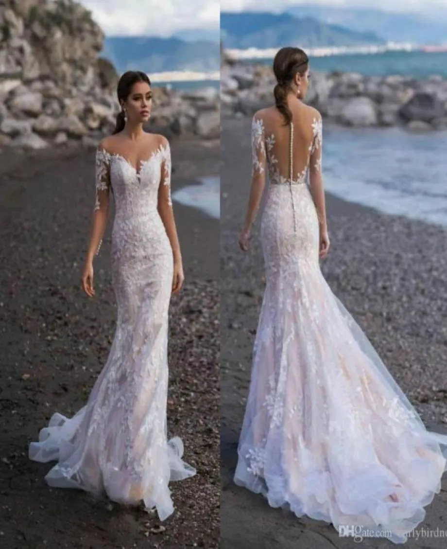 Strandspets långa ärmar sjöjungfru bröllopsklänningar applicerade sveptåg plus storlek bröllopsklänning brudklänningar vestido de novia brautk9405701