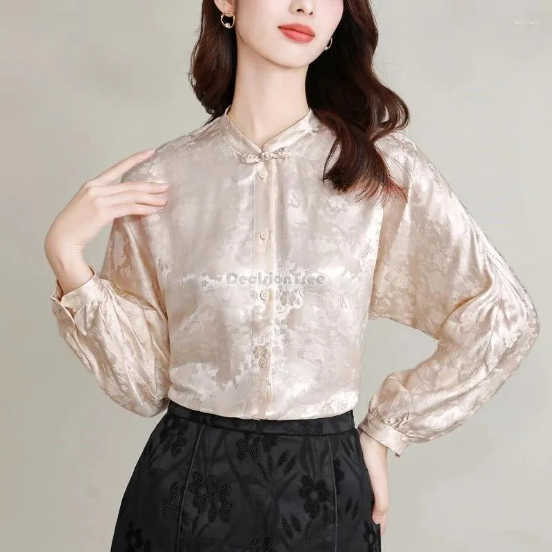 Etnische kleding 2024 Chinese dames korte top lente lange mouwen staande kraag button shirt printen elegante dagelijkse tangstijl blouse