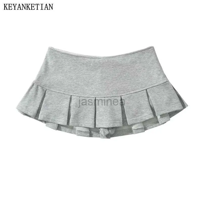 Urban Sexy Dresses Keyanketian New Womens Terry Fabric Low midja Y2K Mini kjol Bred Pleat Decoration ljus grå flounce a linje skort het söt 2443