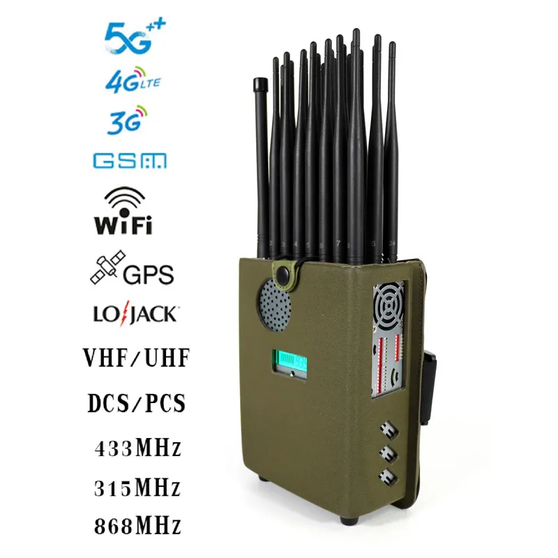 Premier portable mondial 24 Antennes 5G Signal sans fil Jamm Er avec écran LCD, Shields 2G 3G 4G 5G Wi-Fi GPS UHF VHF, 24 watts fonctionnant jusqu'à 25m