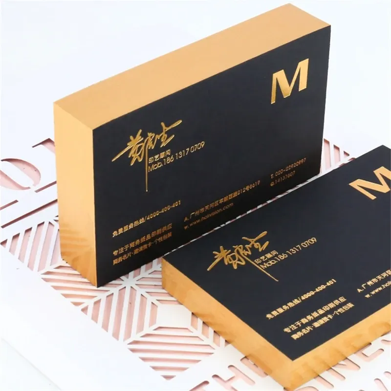 Enveloppen 100/200 % Aangepaste zwarte kaarten Bronzing Gold Edge visitekaartjes 700GSM Coated Paper Double Side Printing Visit Card