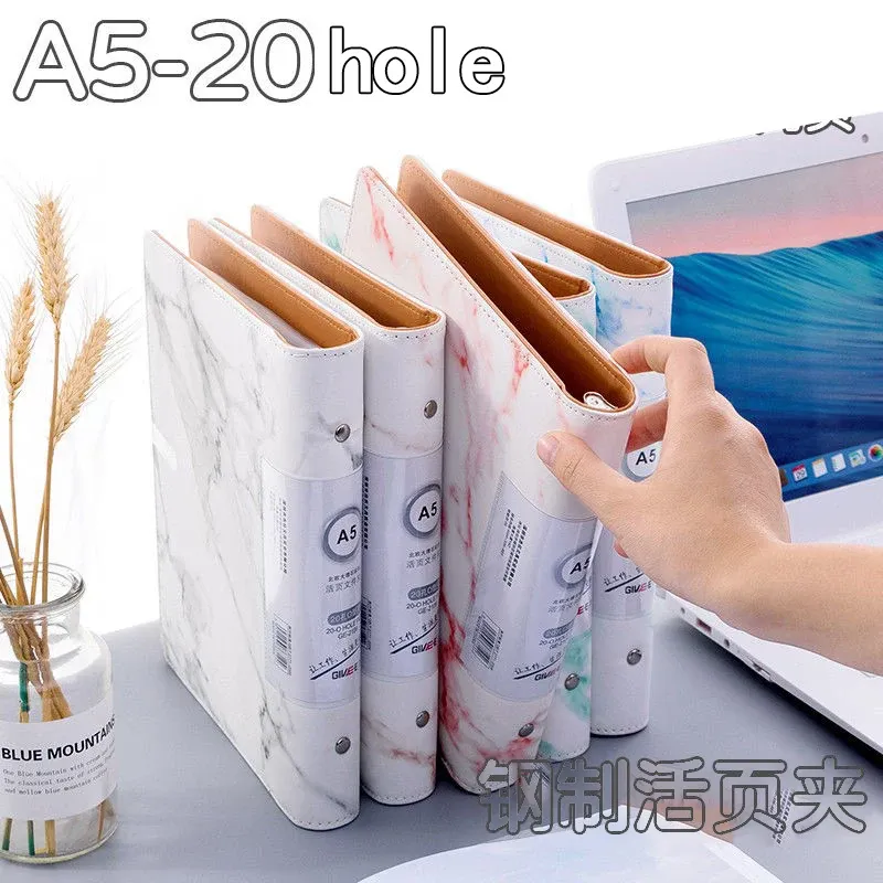 Folder A5 20 Hole Lederen Clip Meerlagige map Folder Binder Marble Patroon Student Paperbord Map Office Storingsclip voor School