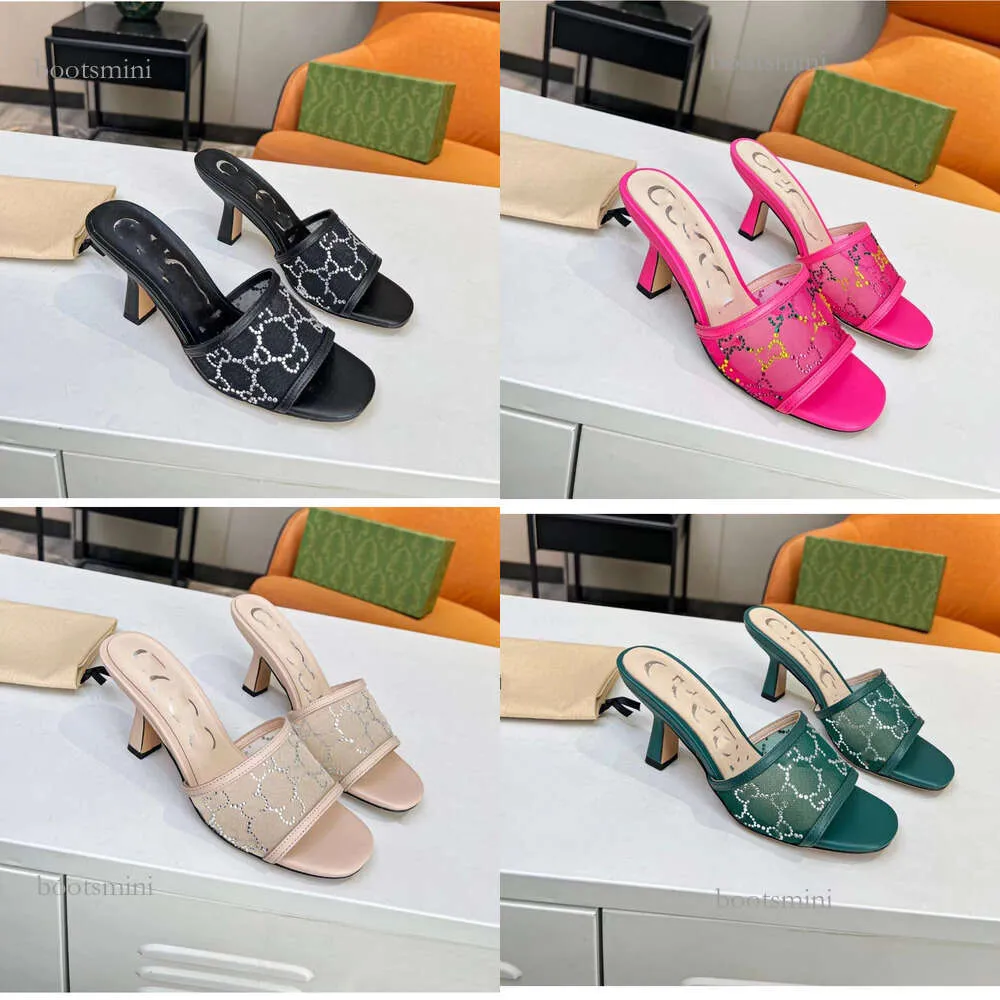 2024 Latest Women's Crystals Sparkling Mesh Slippers Interlocking G Sandals LOGO Slides Slip on Flat High Heels Mules Italy Fashion Lady Party Wedding Pump Shoes