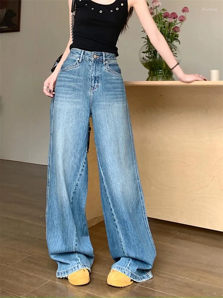 Jean femme rétro américain droit bleu Patchwork Design bas amples pantalon décontracté femme taille haute pantalon en Denim mince