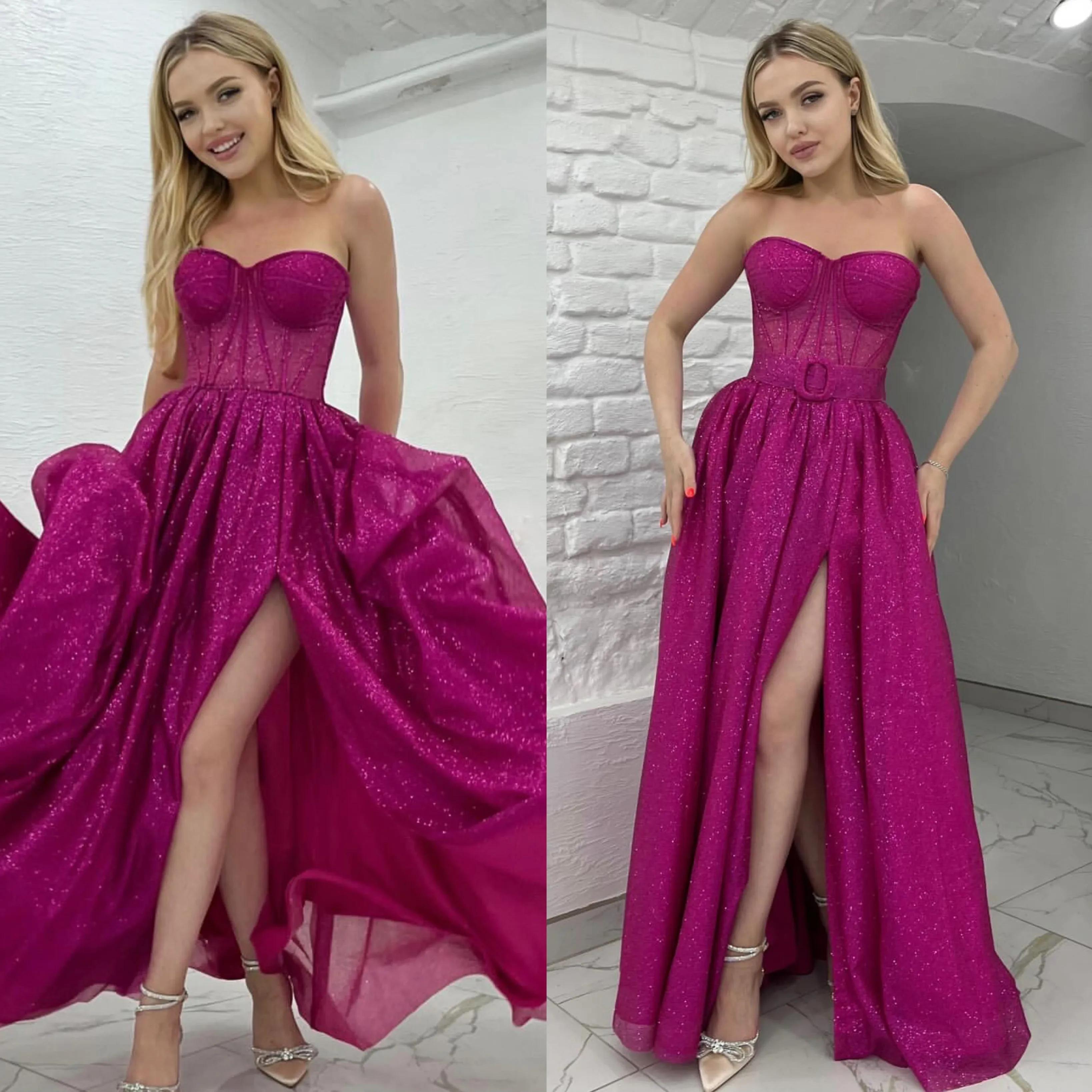 Fuchsia glitter aftonklänningar elegant älskling paljetter illusion bodice formella tillfällen prom klänning ruffles klänningar för special tillfälle split mantel de soiree