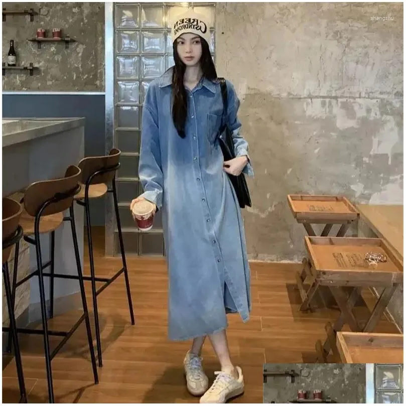 Basic lässige Kleider Vintage Langes Kleid Frühling koreanischer Hemd Hemd Turndown Kragenverstärkungshülle Lose Jeans Taschen für Frauen fallen DH5IH