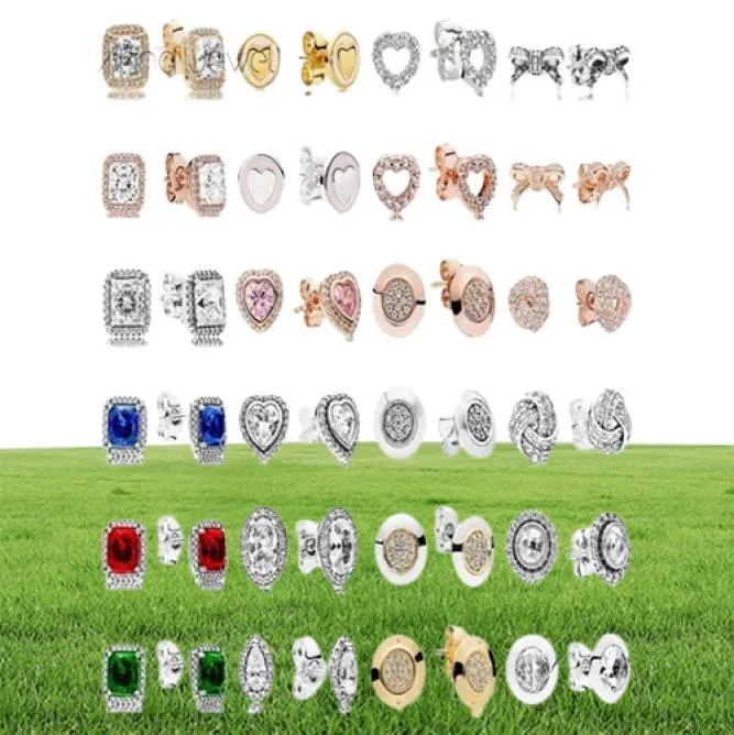 2019 Nya 100% 925 Sterling Silverörhängen Signatur Bow Square Drill Love Heart Ear Studs Charm Pärlor Fit Original DIY Danger Gift Valentine9105534