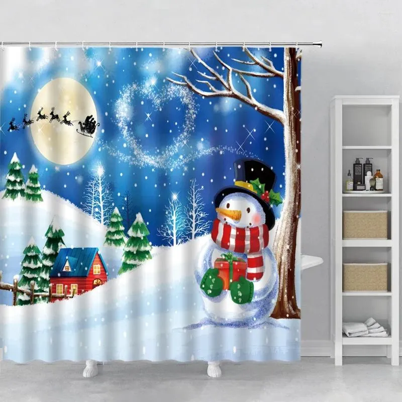 Douchegordijnen Happy Snowman Christmas Curtain Snowflake Santa Claus Jaar Gift Badkamer Waterdicht Bad Home Decor met haak