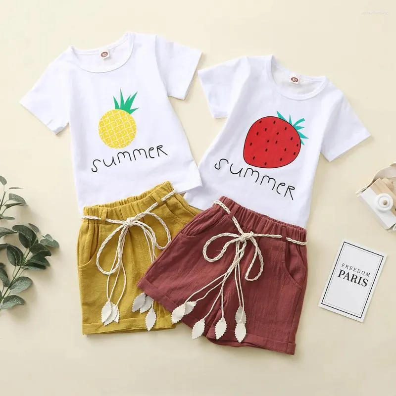 Roupas conjuntos de roupas crianças meninas menina de morango letra de fruta tampo shorts roupas de calda