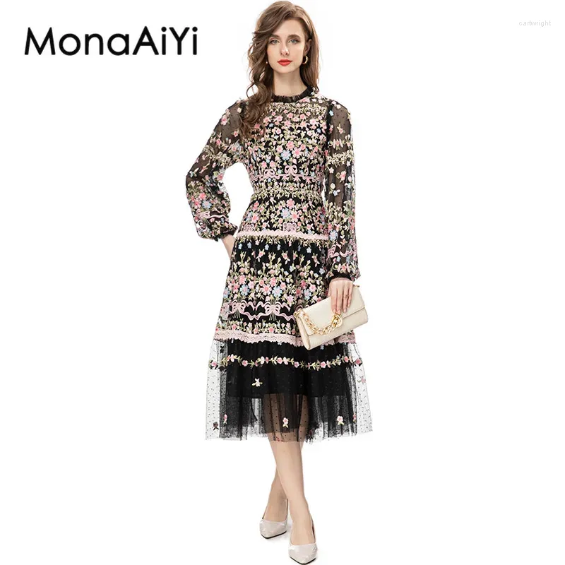 Vestidos informales Monaiyi Vintage Diseñador de moda Vestido de malla de mujer Manga de linterna translúcida de mujer Slim Black Midi 2024 EST
