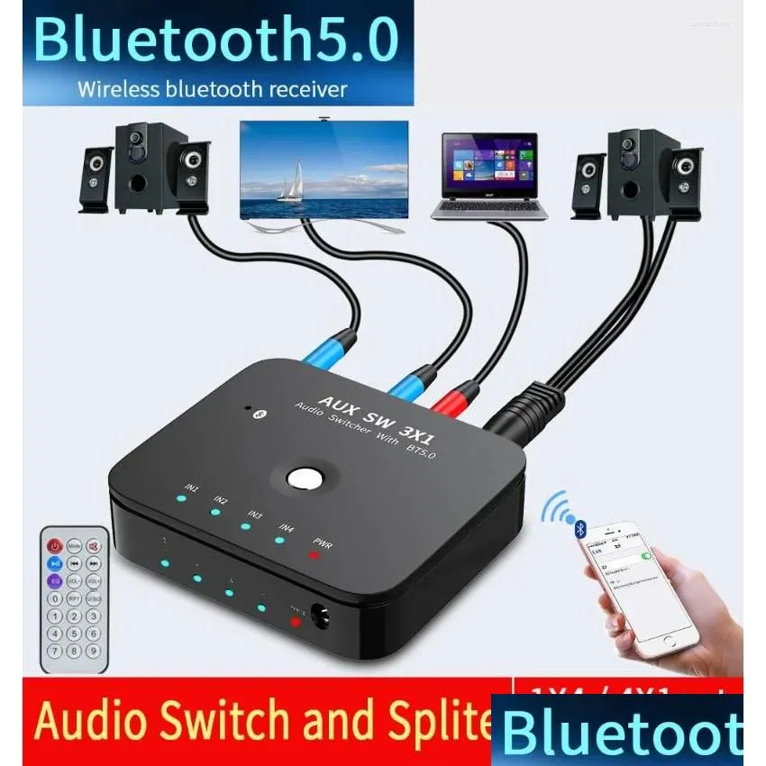 コンピューターケーブルコネクタS HIFI 4-ポート3.5mmステレオAUX 3 IN 1OUT WIRELESS MUSIC BLUETOOTH 5.0 Oレシーバー赤外線リモートコントロールD OTN7Y