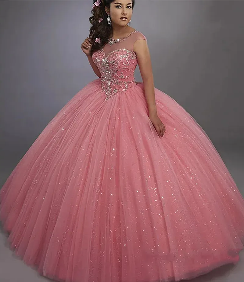 Glitter Baby Pink Quinceanera Dresses Sequined Tulle Ball Gown Floor Length Prom Special Occasion Wear Crystal Beaded Sleeveless Long Princess Sweet 16 Dress