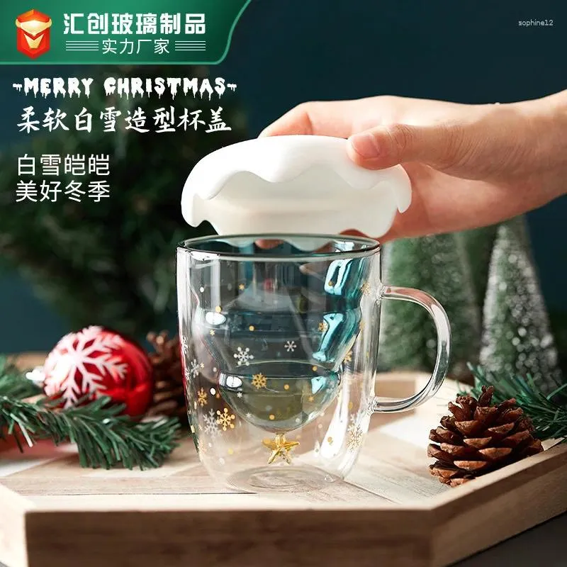 Tassen Weihnachtsbecher Ins Cartoon Doppelschicht süßes Geschenk mit Deckel Wasser Haushalt Glas