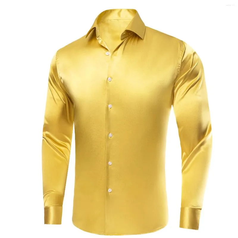 Herrklänningskjortor Hi-Tie Gold Solid Satin Silk Mens Lapel Långärmning Skjorta Mjuk blus för manlig formell avslappnad bröllopsföretagspresent