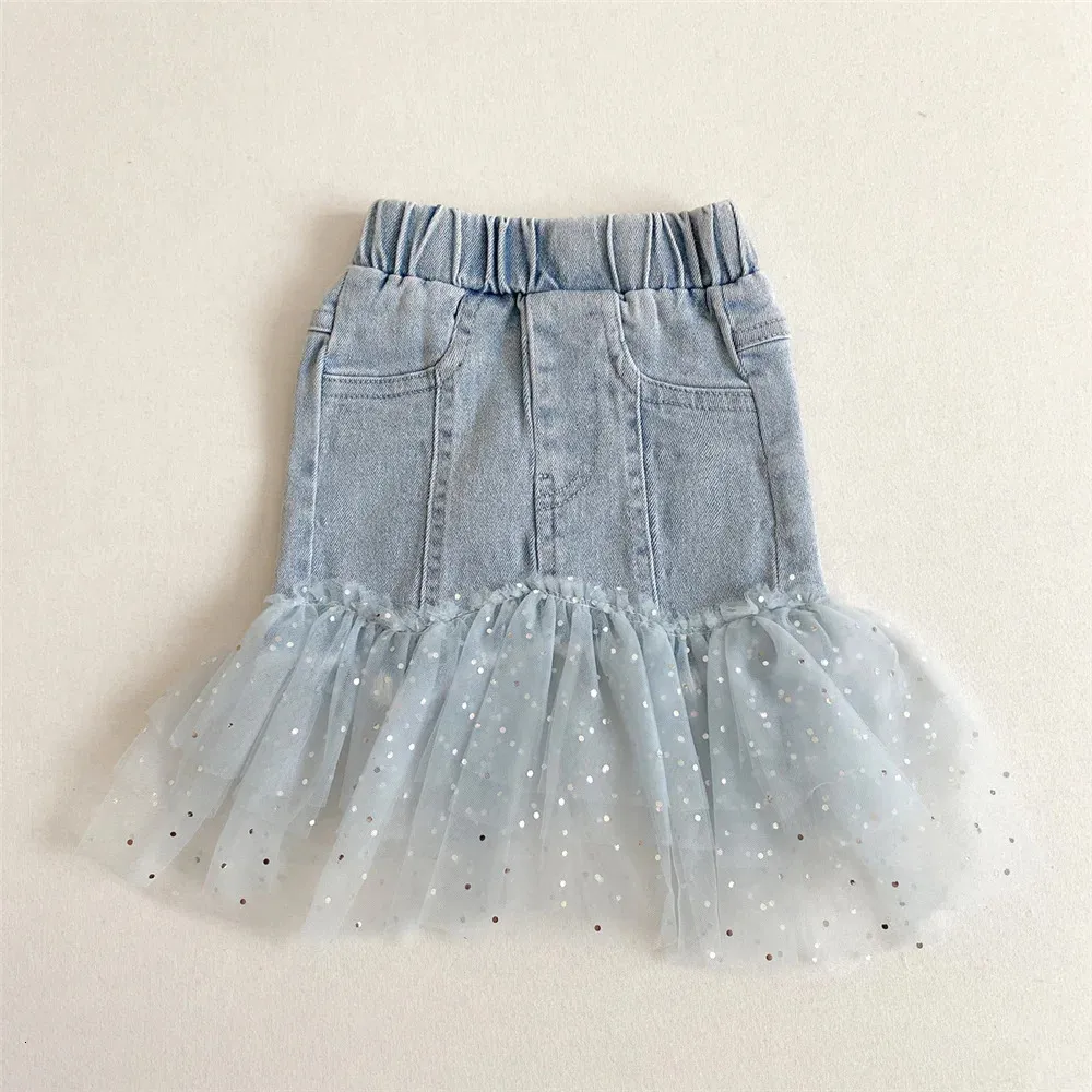 Sommarflickor kjolar casual barn denim kjol baby kläder ruffles fickor barn flickor jean kjolar småbarn flickor kläder 240325