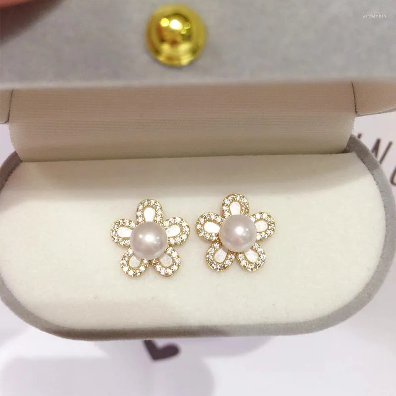 Pendientes de tuerca ZHBORUINI 14K chapado en oro perla Natural 925 aguja de oreja de plata flor encantadora para mujer regalo de joyería