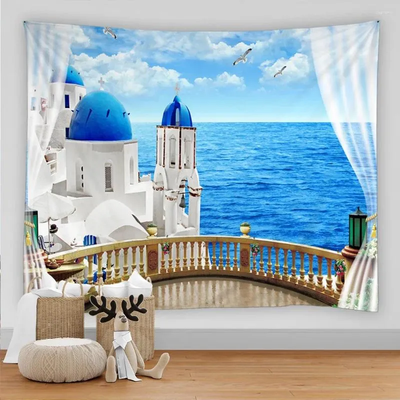 Tapestries Seaview Room Tapestry Sea Coconut Tree Wall Hanging Beach 3D Tryckt stort Boho Hippie Hem Dekorativ