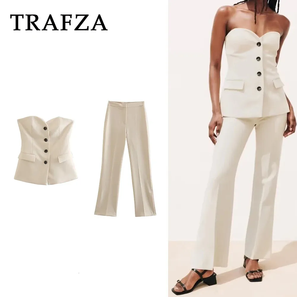 Trafza 2024 Spring Women Vintage Solid Suits Single Breads Slim Vestszipper Long Vent Bants