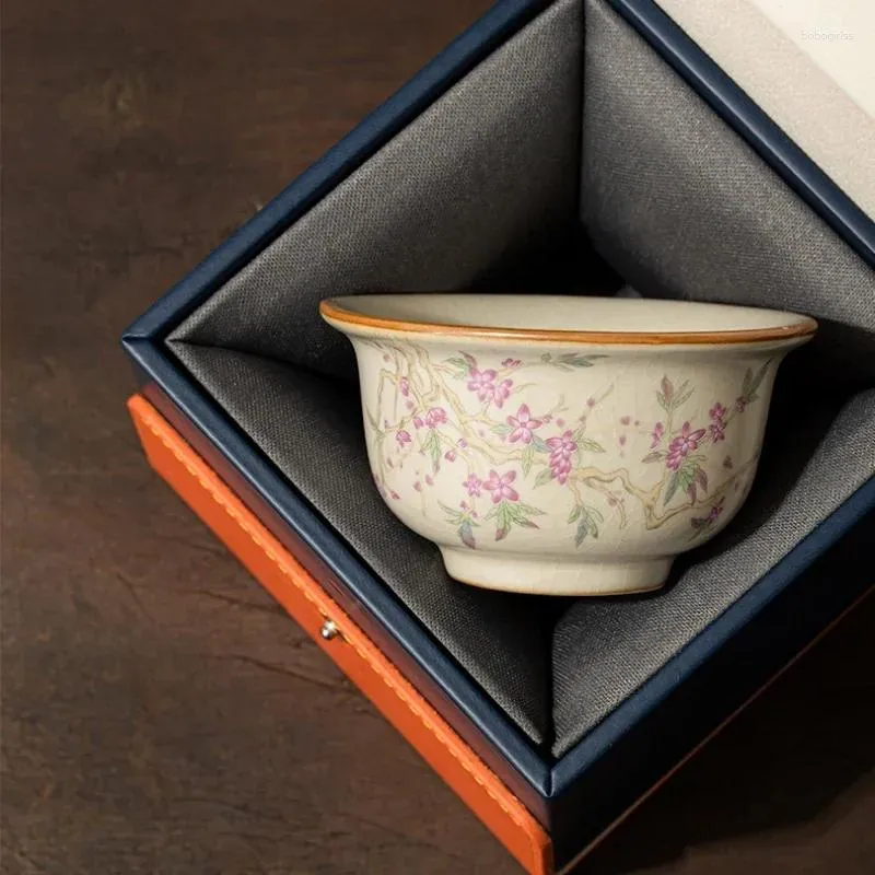 Tasses Saucers ru yao en céramique ou ouverture chinoise tasse pêche fleur poterie belles tasses à thé