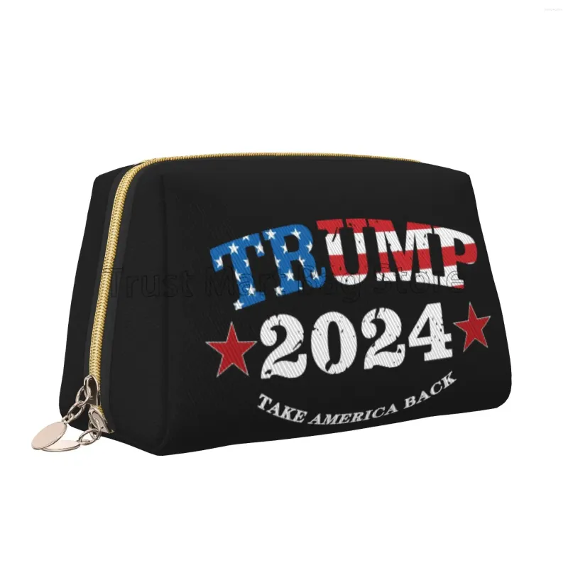 Bolsas de cosméticos Trump 2024 tornam a América ótima novamente, impressão de maquiagem de couro, organizador de viagem, mulheres de grande capacidade, produtos de higiene pessoal