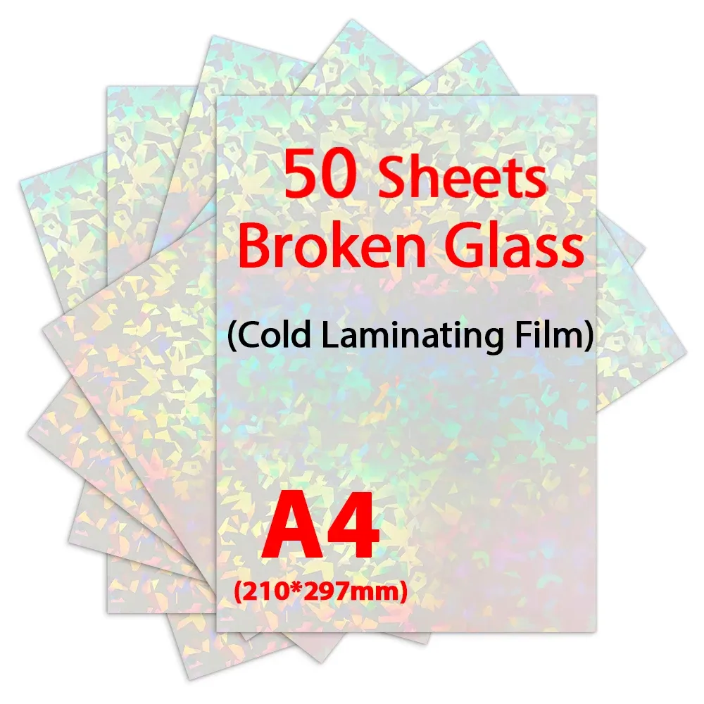 Lifestyle 50 Sheets A4 Holographic Sand Foil Adhesive Tape Back Broken Glass Heart Cold Laminering Film On Paper Plastic DIY Package Card