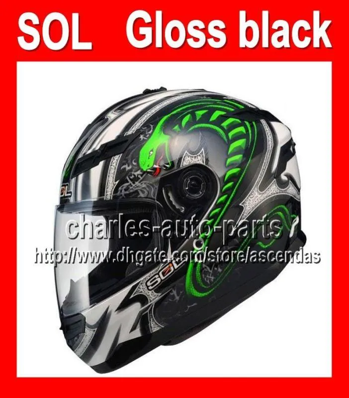 2013 Ny ankomst för Sol Cool Gloss Glossy Green White Black Cobra Helmet With LED Light Moto Full Face Hjälm Motorcykelhjälm H6745284