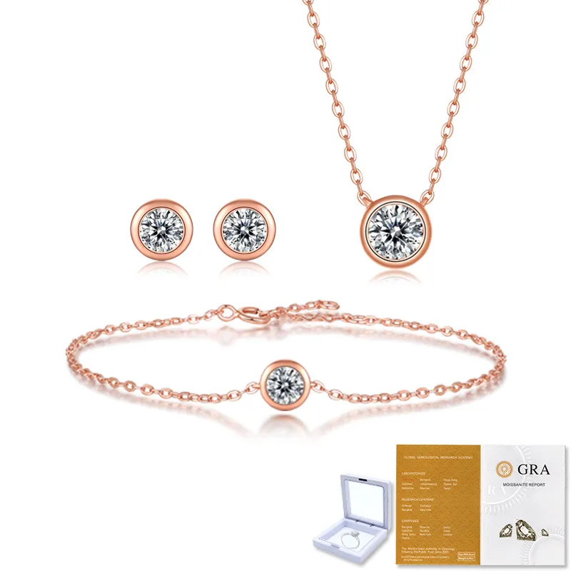 Rose Gold Plated 925 Sterling Silver Color Bridal smycken Set Pass Test Missanite Diamond Necklace Earnings Armband Set for Women Girls Gift