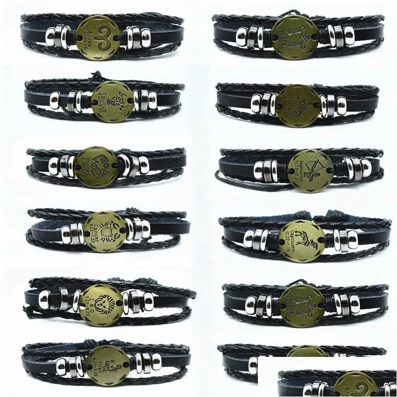 Urok bransolety regulowane mężczyźni skórzane bransoletki mankiety vintage punk 12 konstelacja koralika męska czarna opaska przyjaźń dla kobiet dhdwo