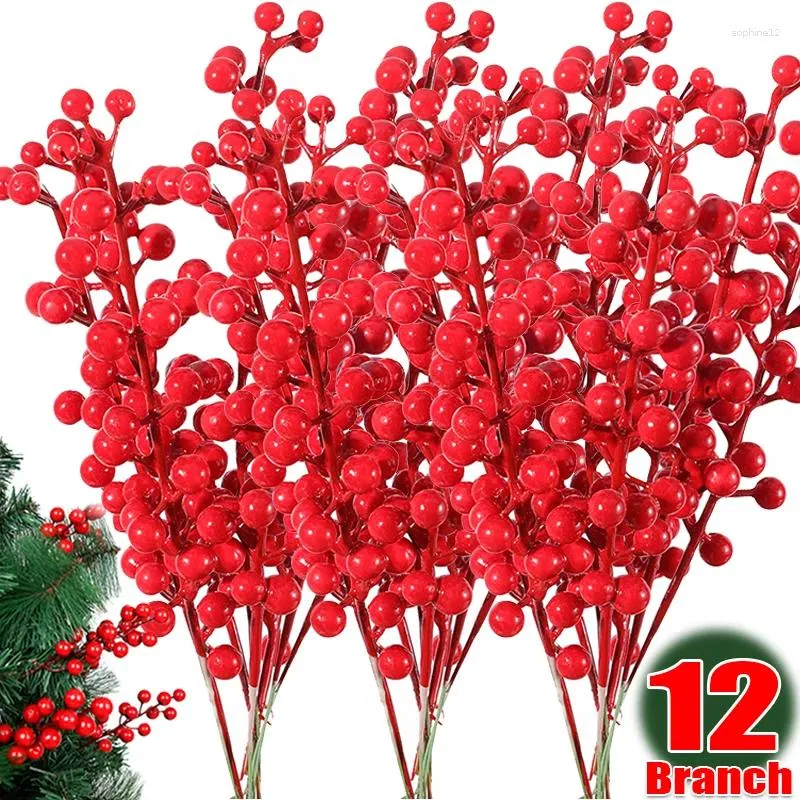 Fleurs décoratives en gros de Noël artificiels Berries rouges branches 30heads plastics faux baies houx branche plantes de fête décoration maison