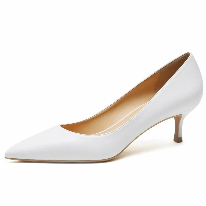 Buty nowe wygodne, prawdziwe skórzane kobiety czarne białe buty ślubne Bride Low Med Thin High Heels Office Work Pumps for Woman B001