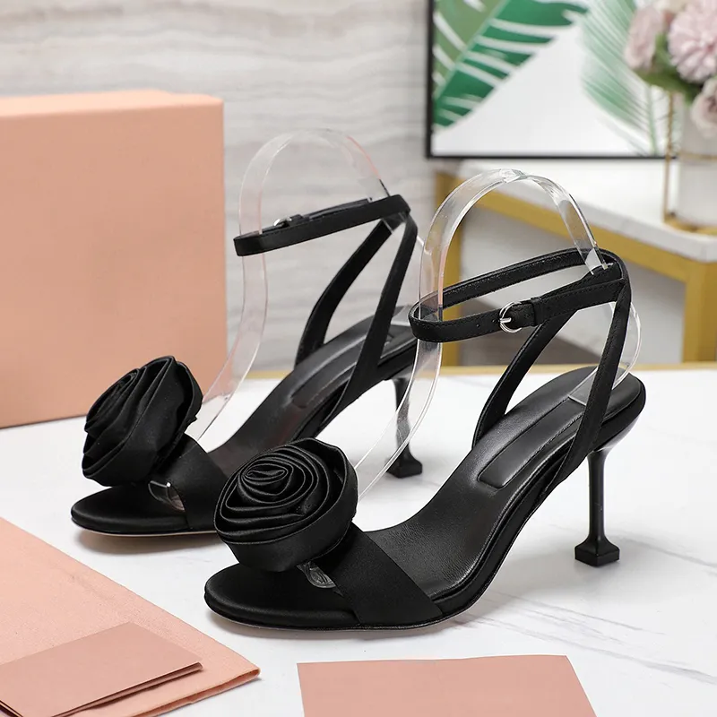 Banquet Open Toe High Heel Sandals Summer 2024 New Handmade Flower Design Buckle Strap Women`s Pumps Solid Color Upper Satin Material Sexy Female Sandals