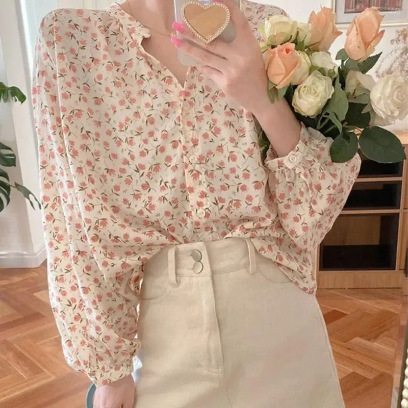 Dames blouses vintage v nek bloemen chiffon shirt zonbescherming boho los zoete lantaarn mouw veer top