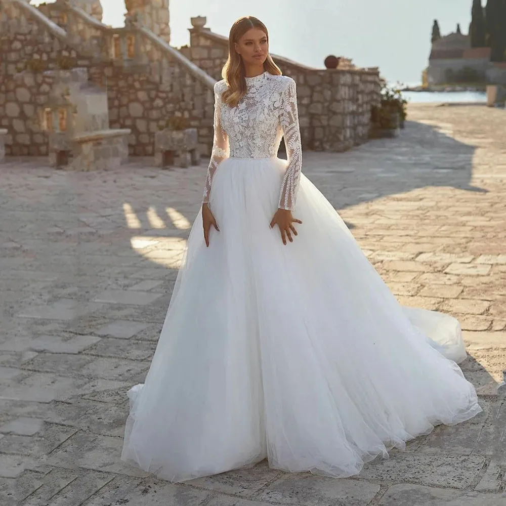 Grace Pretty Lüks Prenses Gelinlik Mütevazı O Boyun Uzun Kollu Müslüman Gelin Elbiseler Gelin Gown Vestidos De Novia 240320