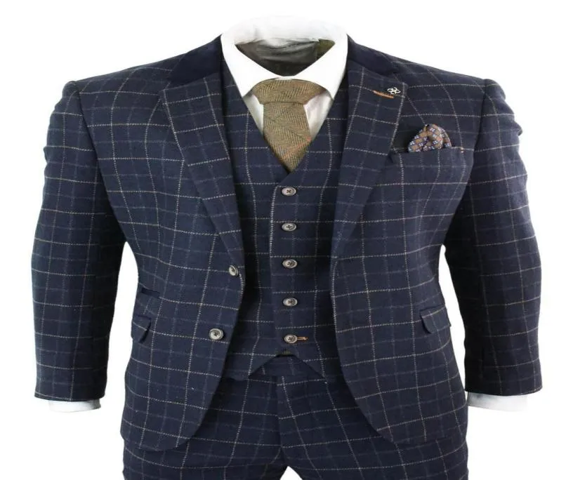 Ternos masculinos azuis marinhos, 3 peças, espinha de peixe, roupa vintage, retrô, peaky blinders, tweed, feito sob encomenda, homem de negócios, wear4252017