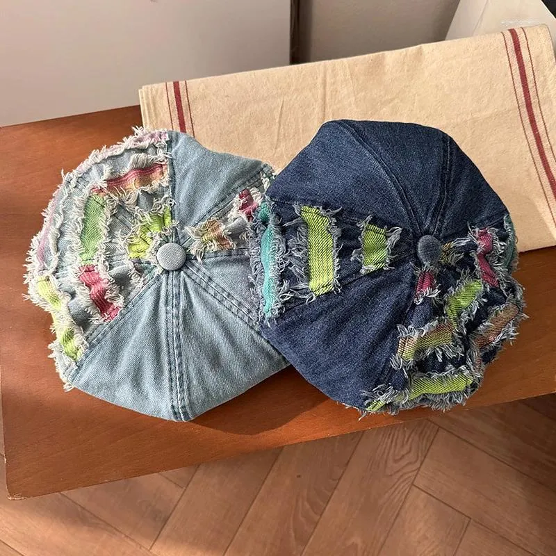 Berets Koreaanse versie Blue Patch Beret Dames gewassen denim hoed veelzijdige lente en zomer achthoekige mode